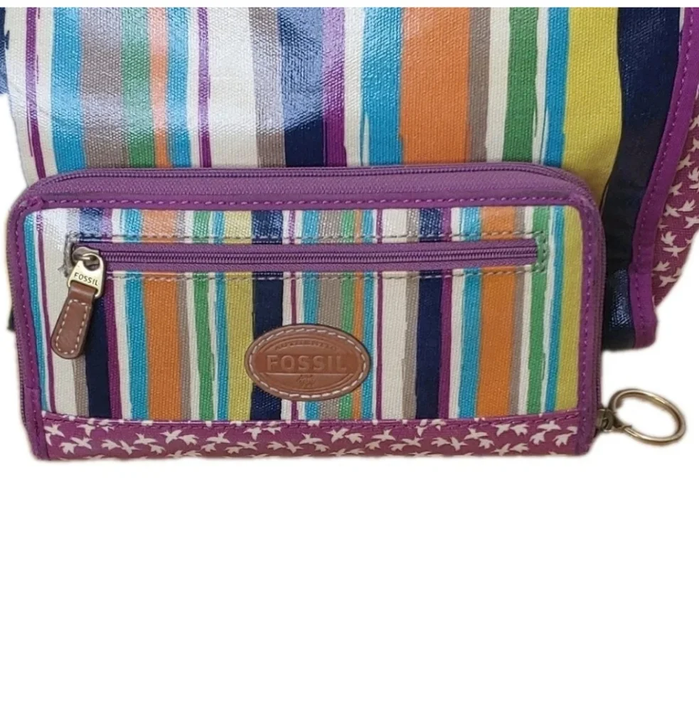 Fossil Key Per Canvas Tote Purse & Wallet Floral Striped Leather Top Handle Bag